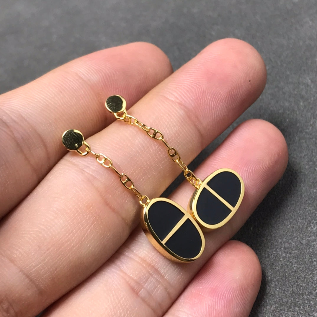 [KELA]CHAINE VERSO BLACK CERAMIC SILVER EARRINGS