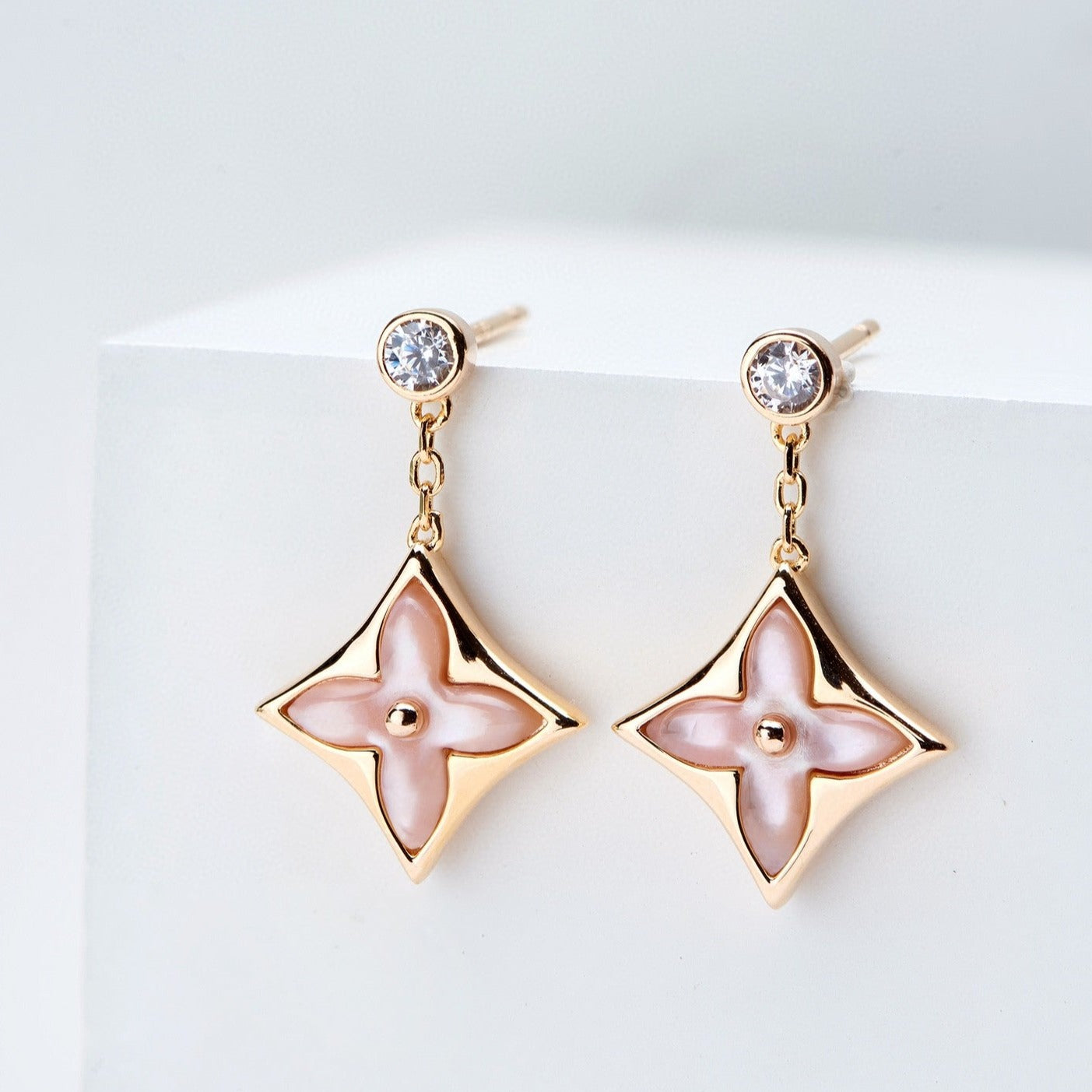 [KELA]DOUBLE STAR ROSE GOLD MOP DROP EARRINGS