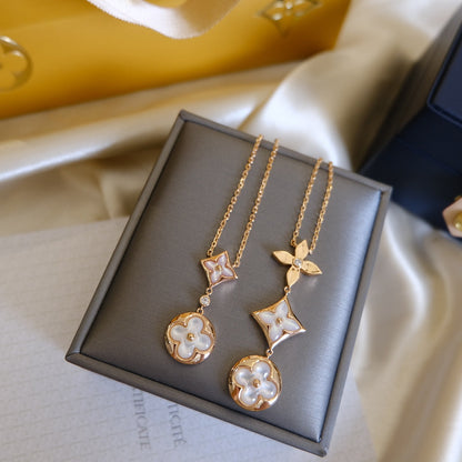 [KELA]COLOR BLOSSOM LARIAT NECKLACE ROSE GOLD WHITE MOTHER PEARL AND DIAMOND