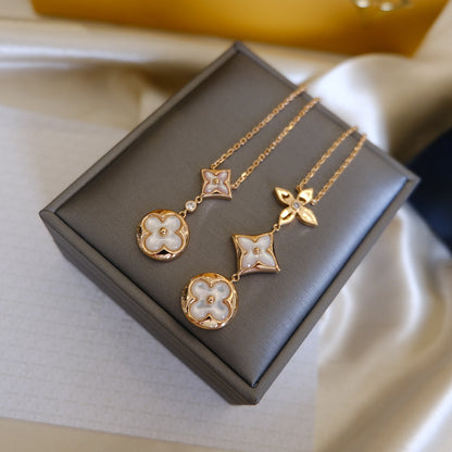 [KELA]COLOR BLOSSOM LARIAT NECKLACE ROSE GOLD WHITE MOTHER PEARL AND DIAMOND