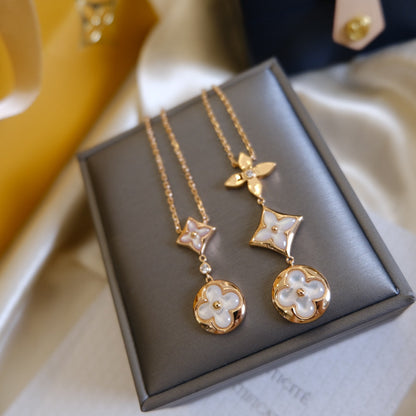 [KELA]COLOR BLOSSOM LARIAT NECKLACE ROSE GOLD WHITE MOTHER PEARL AND DIAMOND