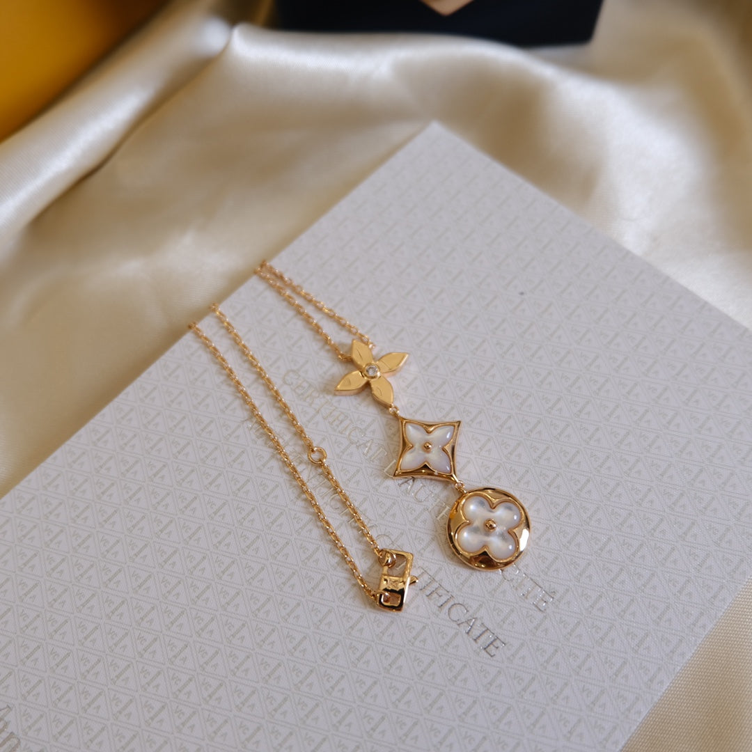 [KELA]COLOR BLOSSOM LARIAT NECKLACE ROSE GOLD WHITE MOTHER PEARL AND DIAMOND