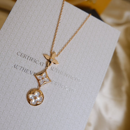 [KELA]COLOR BLOSSOM LARIAT NECKLACE ROSE GOLD WHITE MOTHER PEARL AND DIAMOND