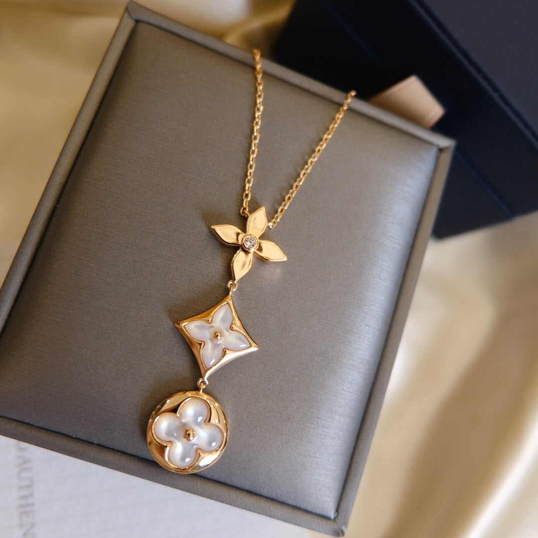 [KELA]COLOR BLOSSOM LARIAT NECKLACE ROSE GOLD WHITE MOTHER PEARL AND DIAMOND