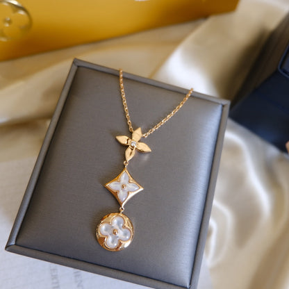 [KELA]COLOR BLOSSOM LARIAT NECKLACE ROSE GOLD WHITE MOTHER PEARL AND DIAMOND