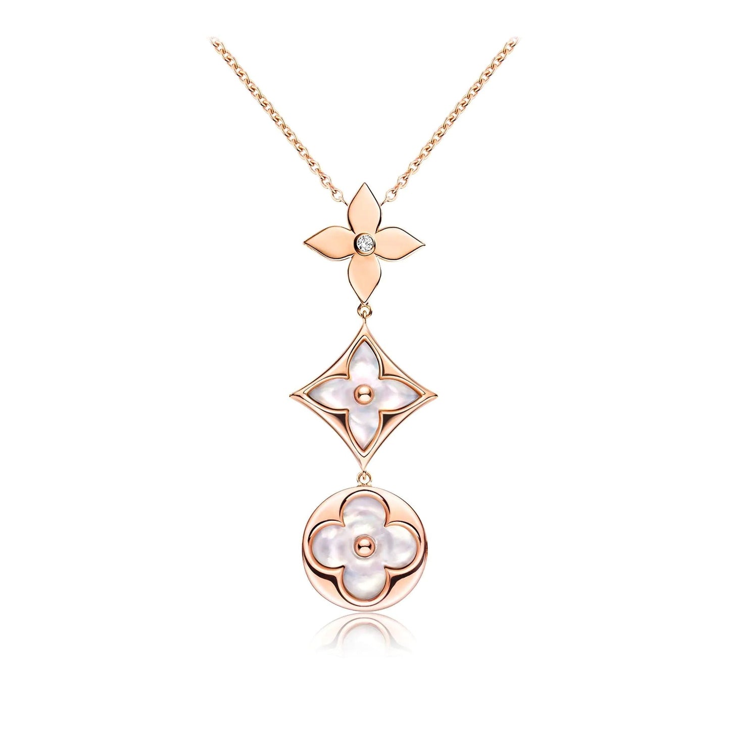 [KELA]COLOR BLOSSOM LARIAT NECKLACE ROSE GOLD WHITE MOTHER PEARL AND DIAMOND