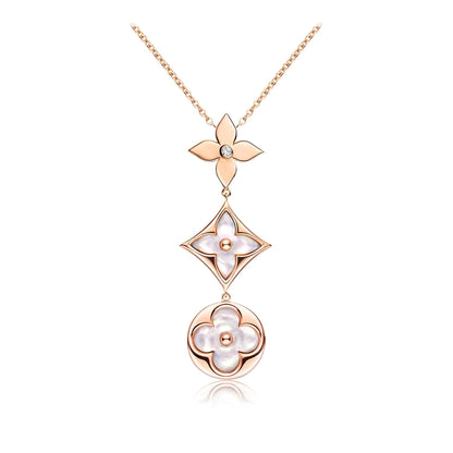 [KELA]COLOR BLOSSOM LARIAT NECKLACE ROSE GOLD WHITE MOTHER PEARL AND DIAMOND
