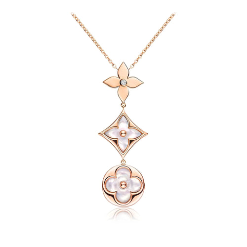 [KELA]COLOR BLOSSOM LARIAT NECKLACE ROSE GOLD WHITE MOTHER PEARL AND DIAMOND
