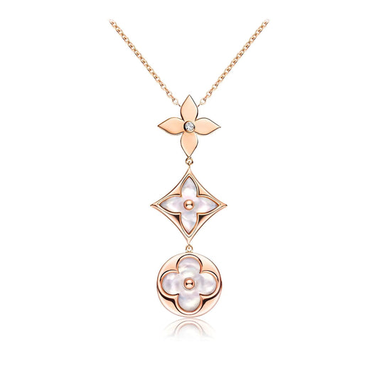 [KELA]COLOR BLOSSOM LARIAT NECKLACE ROSE GOLD WHITE MOTHER PEARL AND DIAMOND