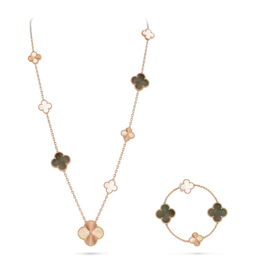 [KELA]DETACHABLE 15-MOTIF CLOVER STATEMENT SET - GREY MOTHER-OF-PEARL & LASER