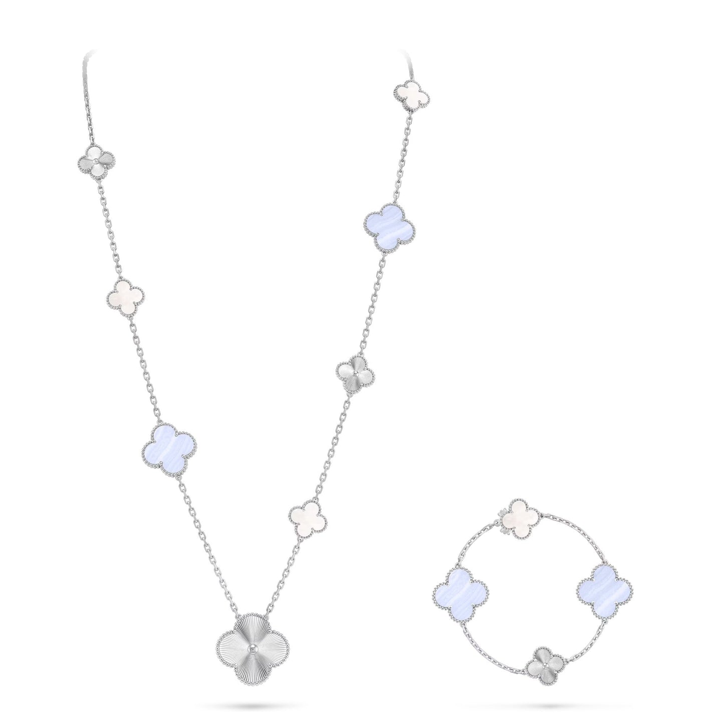 [KELA]DETACHABLE 15-MOTIF CLOVER STATEMENT SET - PURPLE CHALCEDONY & LASER