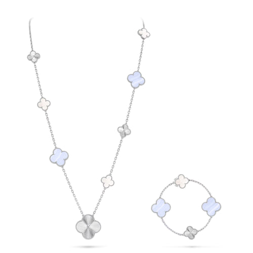 [KELA]DETACHABLE 15-MOTIF CLOVER STATEMENT SET - PURPLE CHALCEDONY & LASER